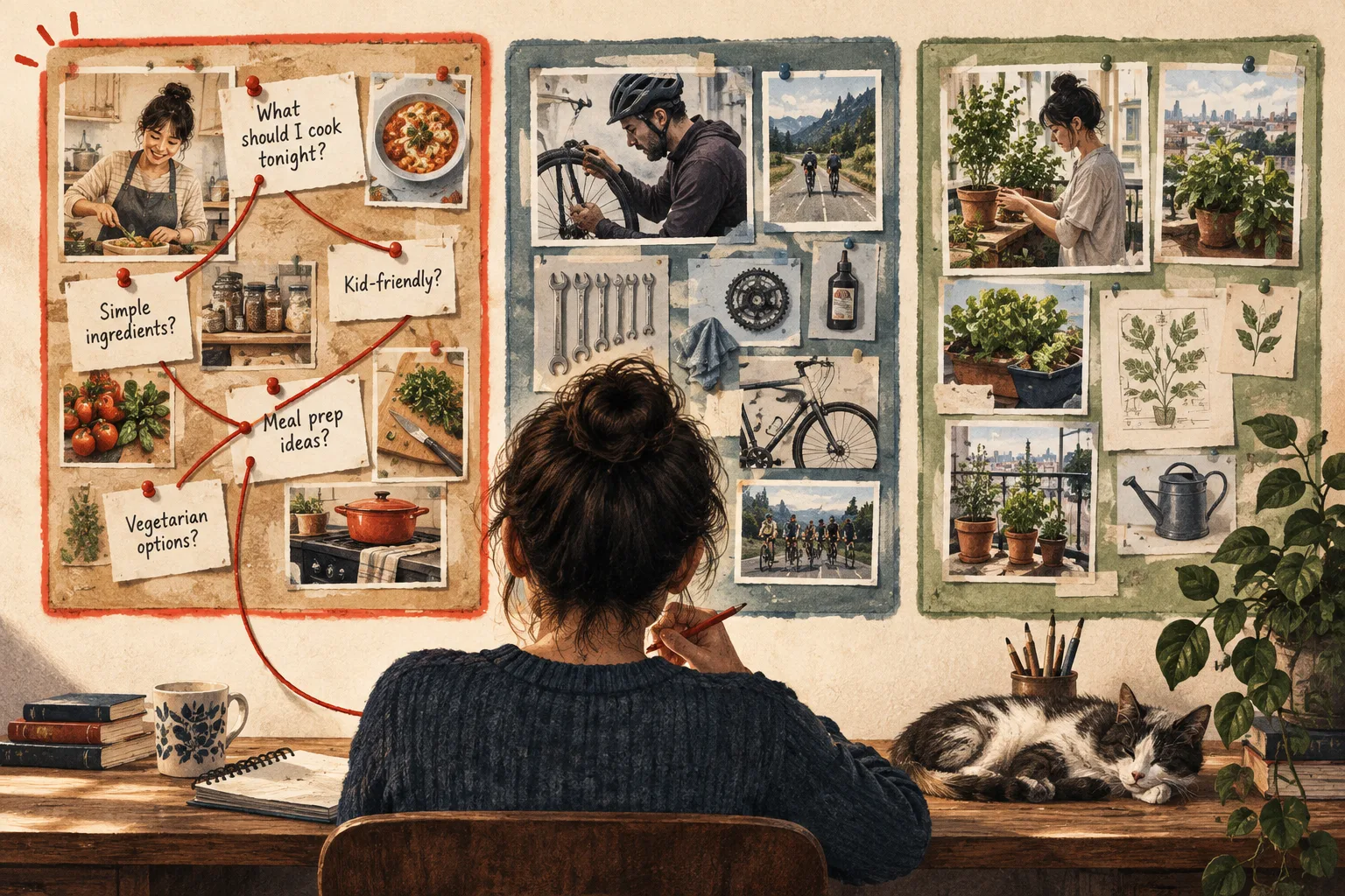 Three audience research boards for cooking, cycling and gardening, with connected cooking questions traced in red.