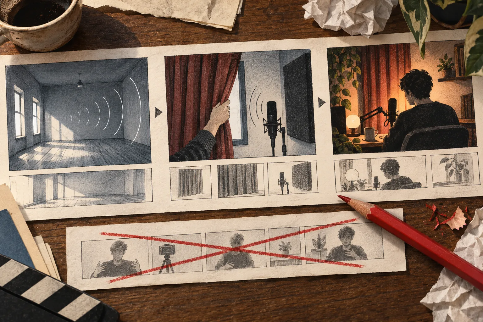 Storyboard panels show an echoing room, a curtain experiment and a recording setup, with an unnecessary introduction crossed out.