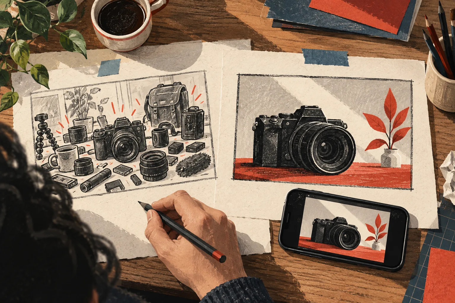 A cluttered camera thumbnail beside a simpler design that remains readable on a phone.