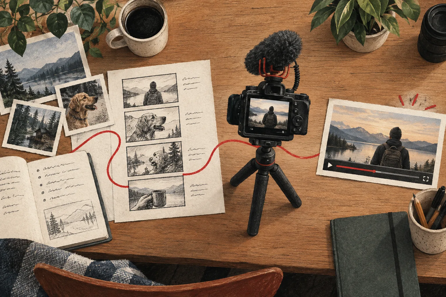 Reference notes, a storyboard, a camera and a finished video card follow one project across a desk.
