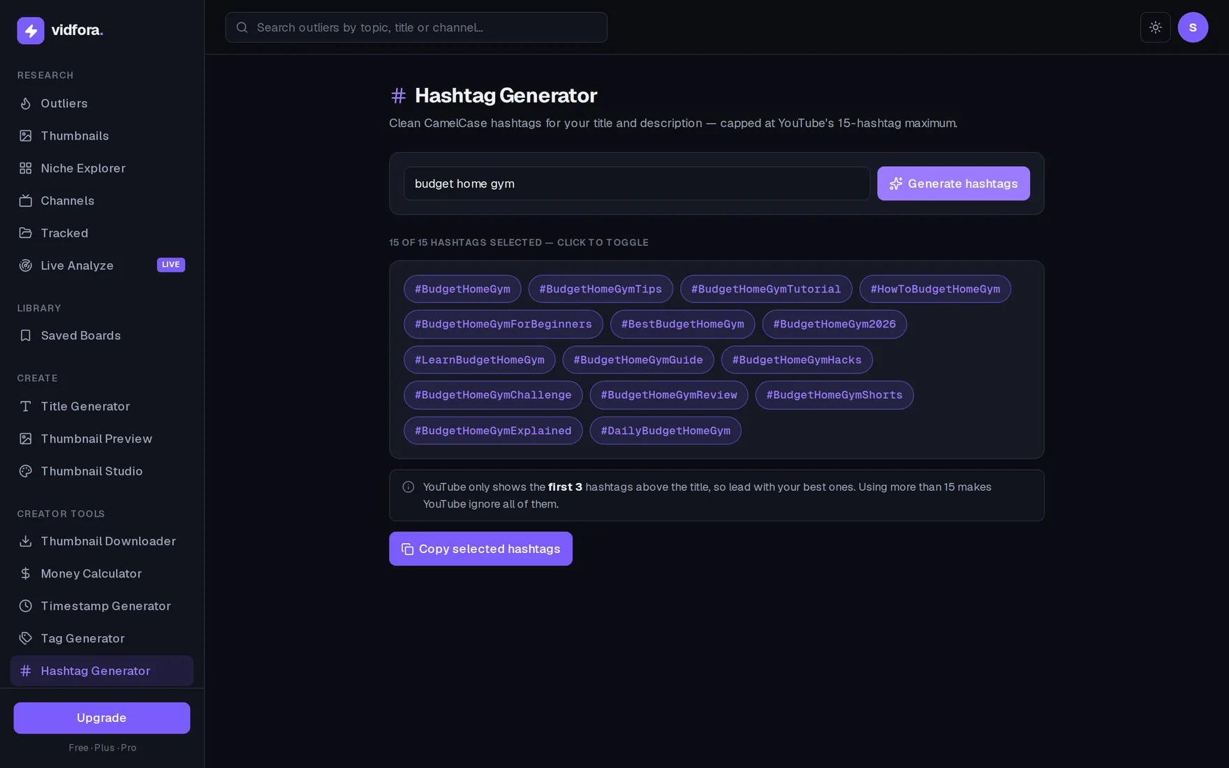 vidfora hashtag generator with a topic entered and a grid of selectable CamelCase YouTube hashtags above a copy-selected button.