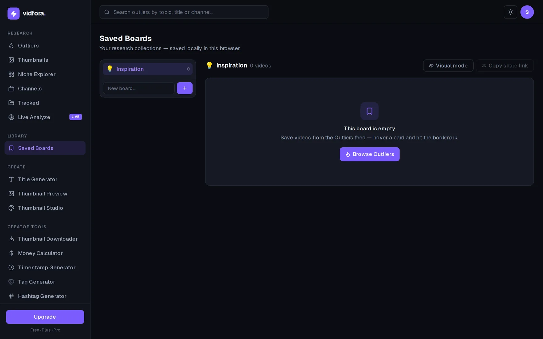 The vidfora Saved Boards page: a sidebar of named research boards beside a grid of saved outlier video thumbnails, with visual mode and copy-share-link controls.