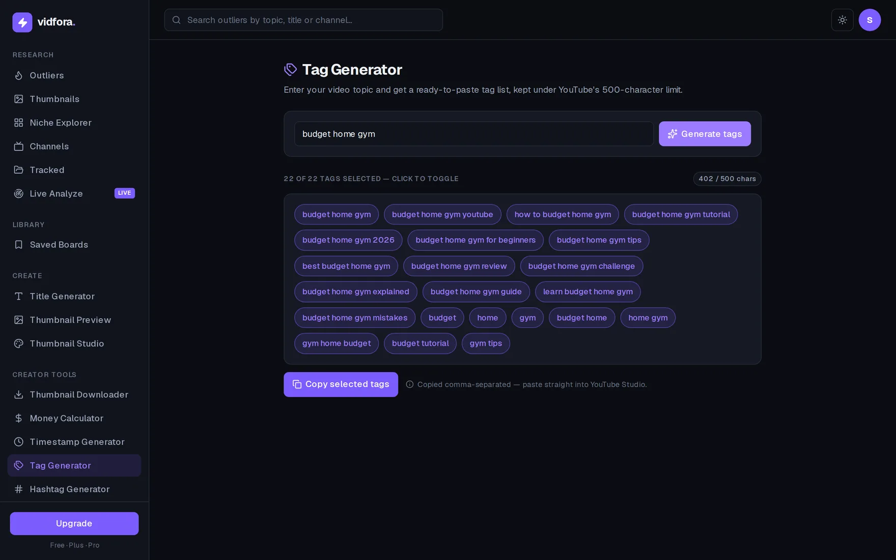 vidfora Tag Generator showing a grid of toggleable tag chips built from a video topic, a live character counter tracking the list against YouTube's 500-character limit, and a copy button.