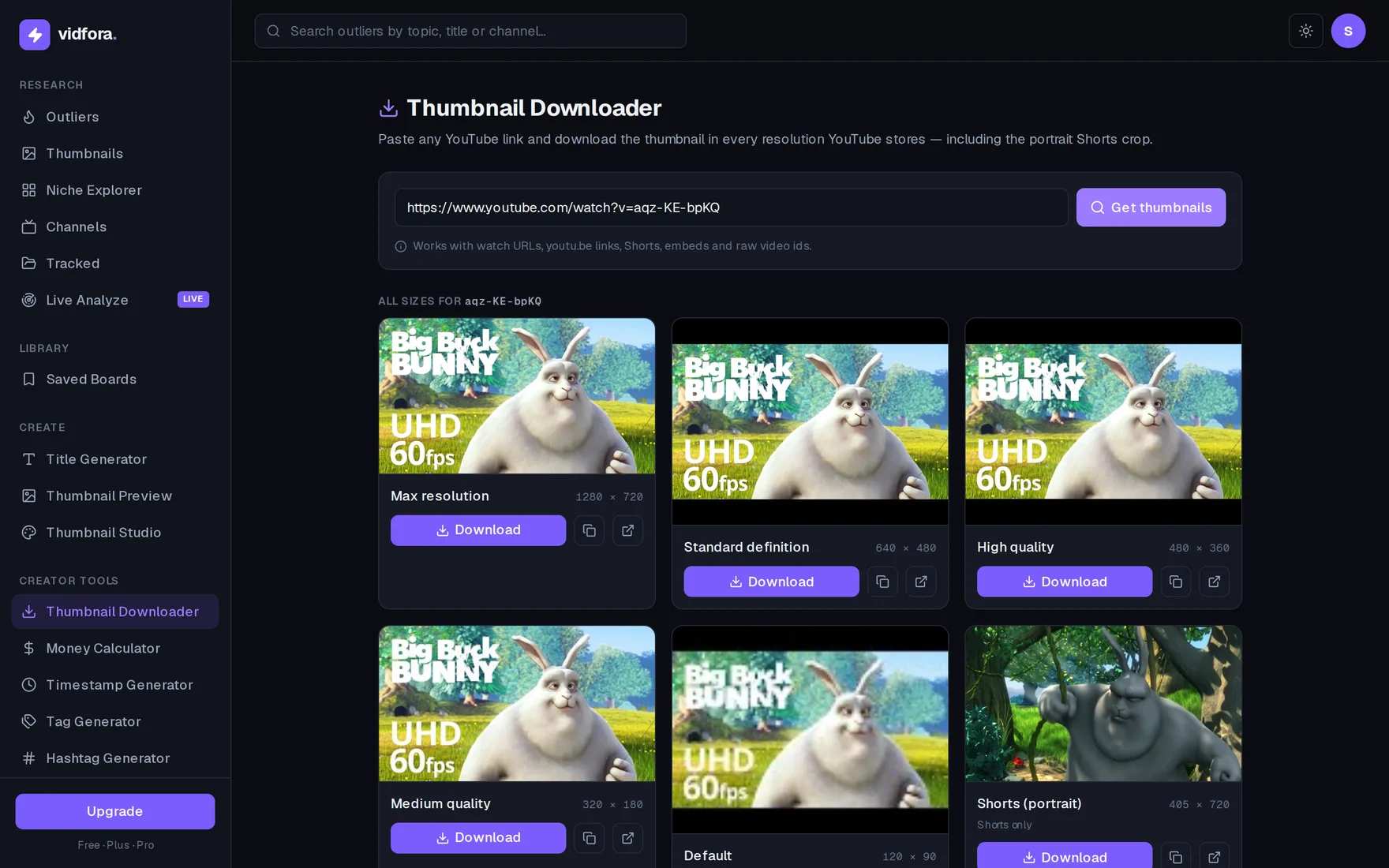 The vidfora Thumbnail Downloader with a pasted YouTube link and a grid of that video's thumbnails in six resolutions, each card offering download, copy-URL and open-in-tab buttons.