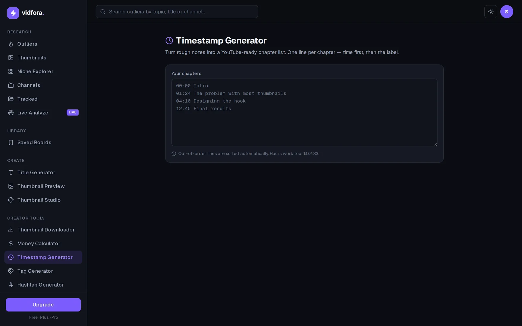 The vidfora timestamp generator converting rough notes into a formatted YouTube chapter list, with inline rule warnings, a live chapter preview, and a copy button.