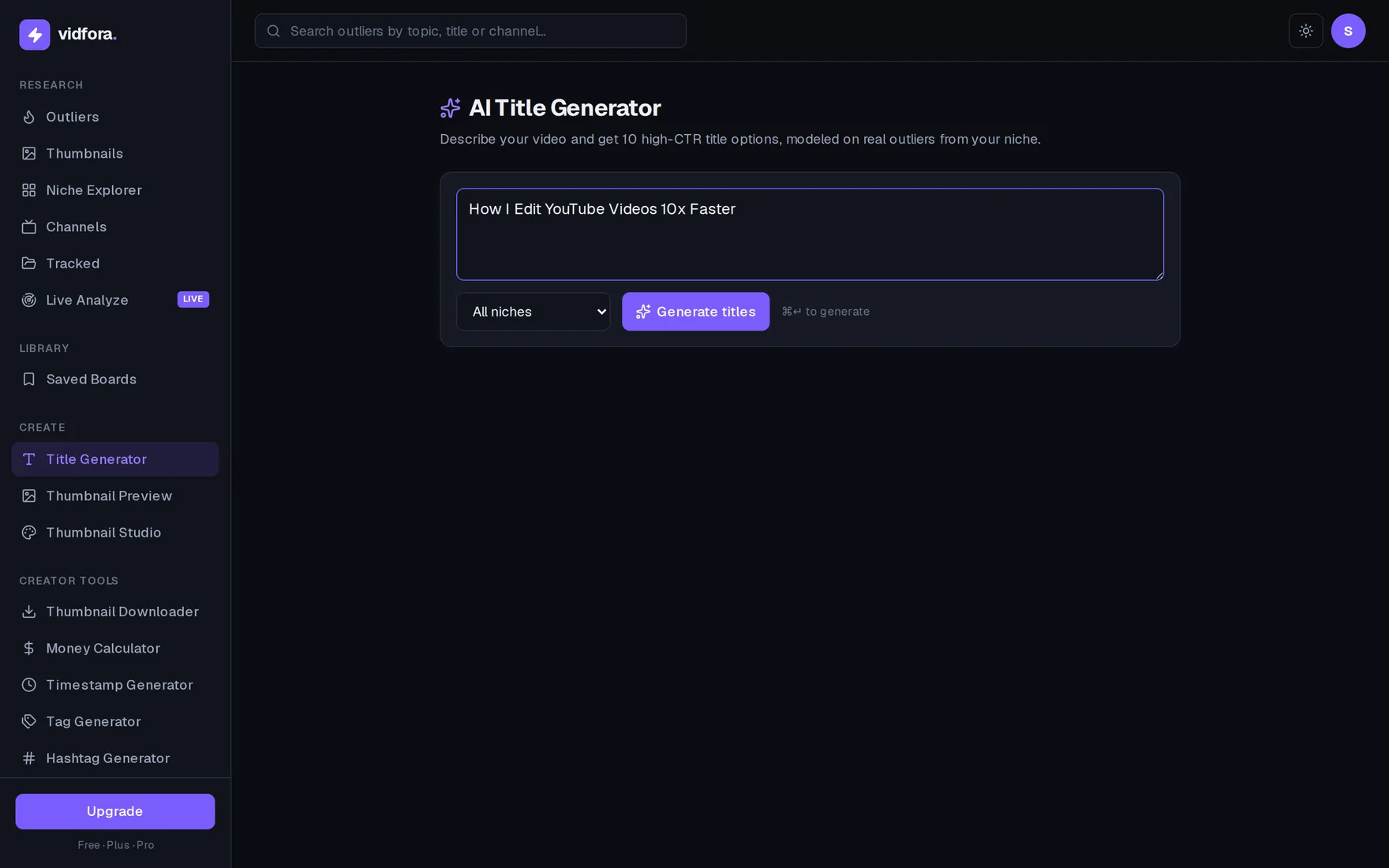 The vidfora AI Title Generator showing ten generated title options with color-coded character-count badges, above a list of the real outlier videos and their multiplier scores that inspired them.