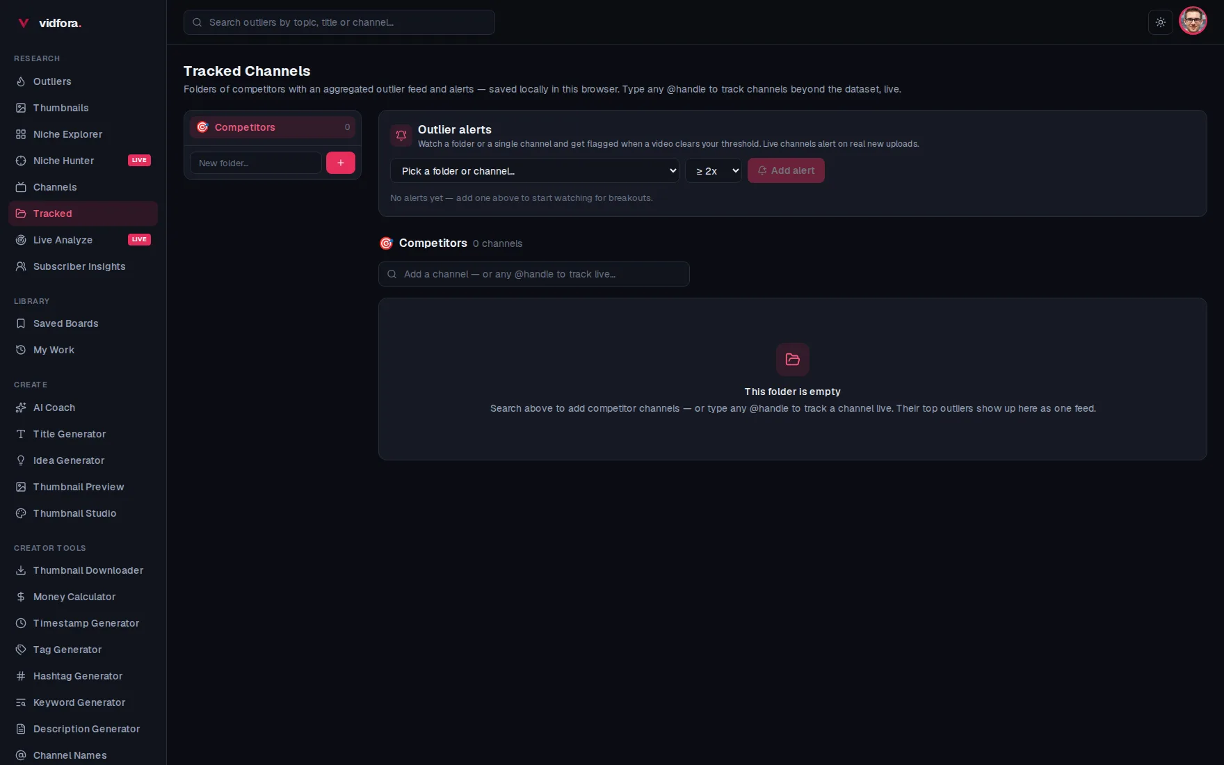 vidfora's tracked channels view with folders of followed channels on the left and a feed of new outlier alerts since the last visit, each labeled with its multiplier badge.