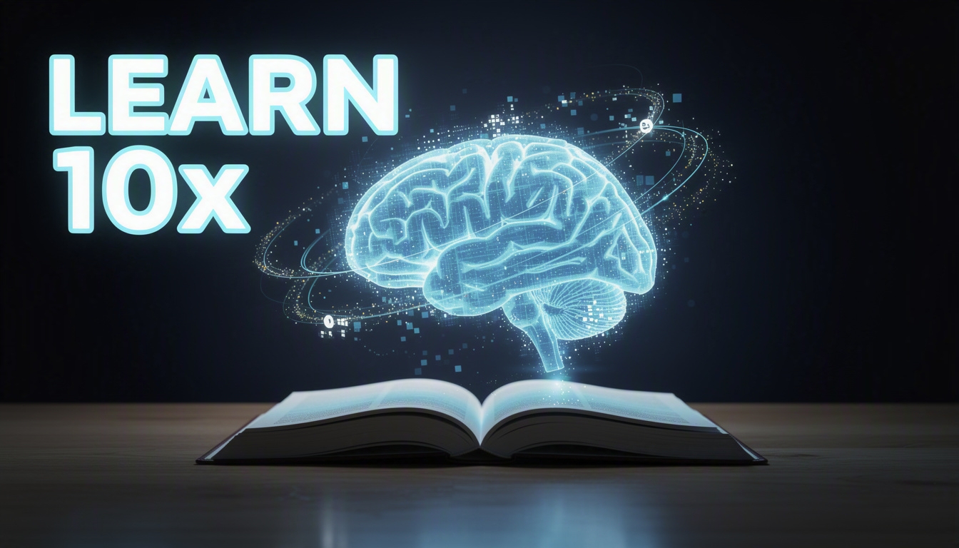 AI-generated education thumbnail — glowing holographic brain above an open book, text 'LEARN 10x'