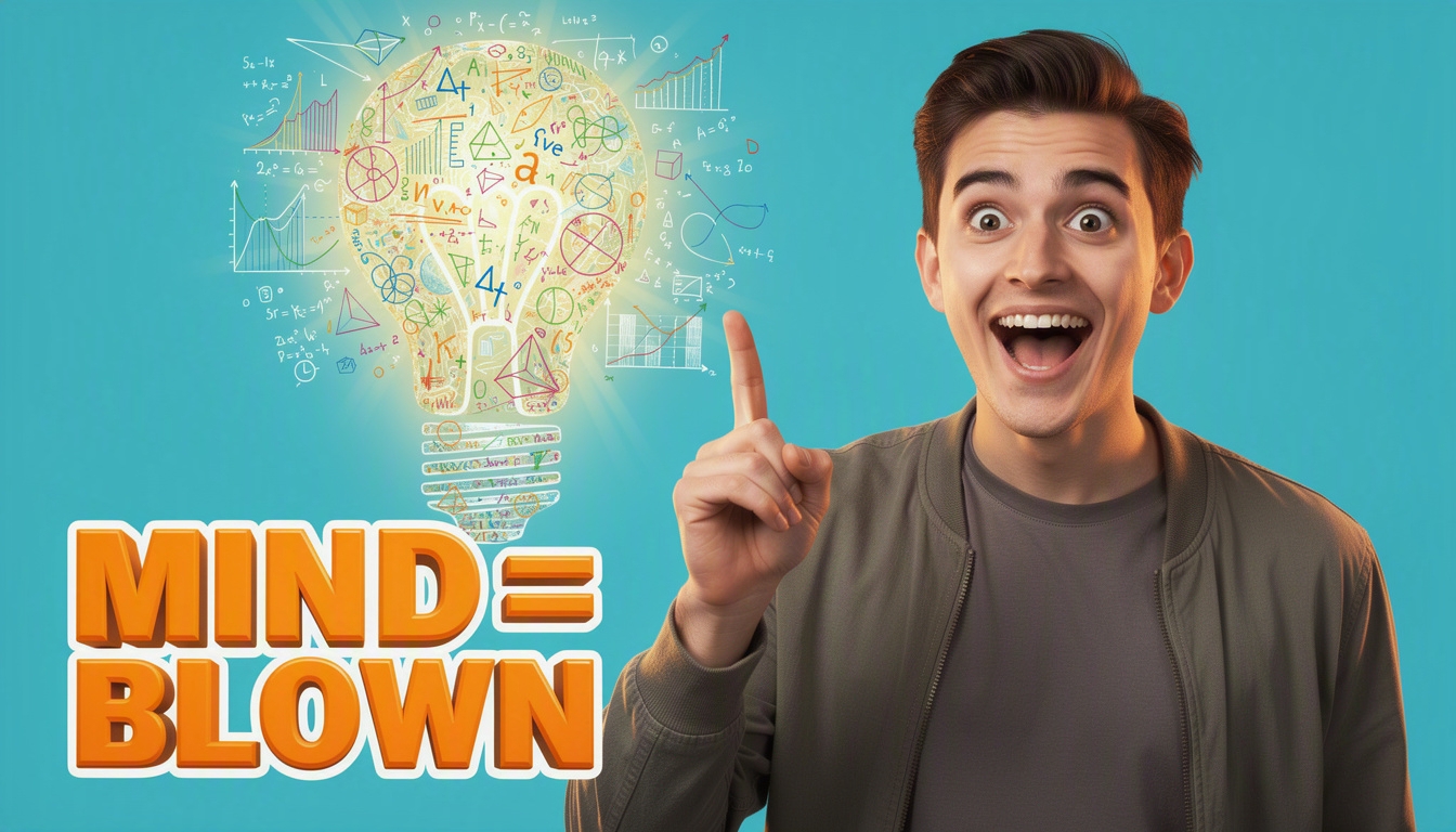 AI-generated education thumbnail — excited teacher with a formula lightbulb, text 'MIND = BLOWN'
