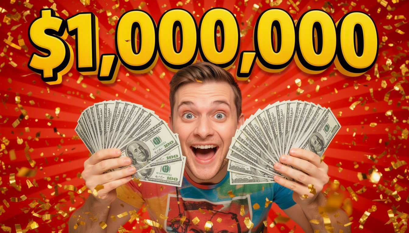 AI-generated entertainment thumbnail — ecstatic man fanning cash under confetti, bold text '$1,000,000'