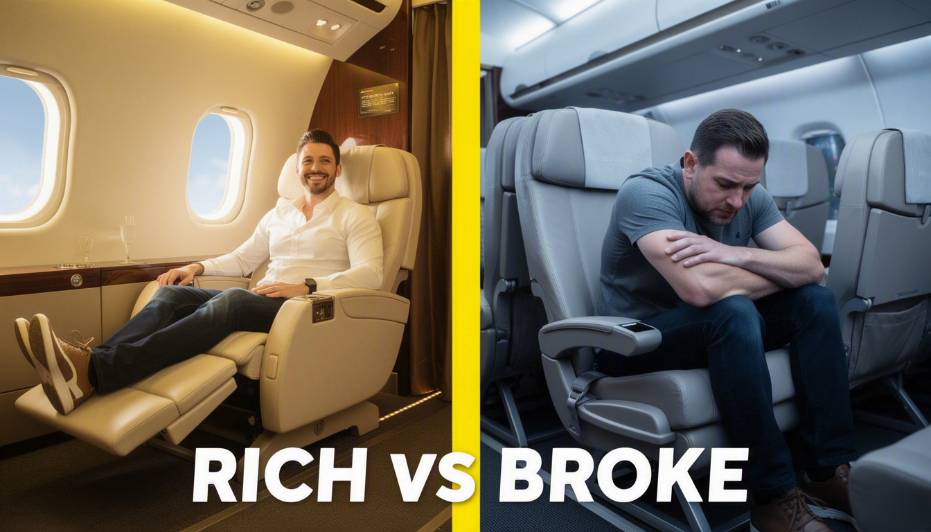AI-generated entertainment thumbnail — private jet vs economy split screen, text 'RICH vs BROKE'