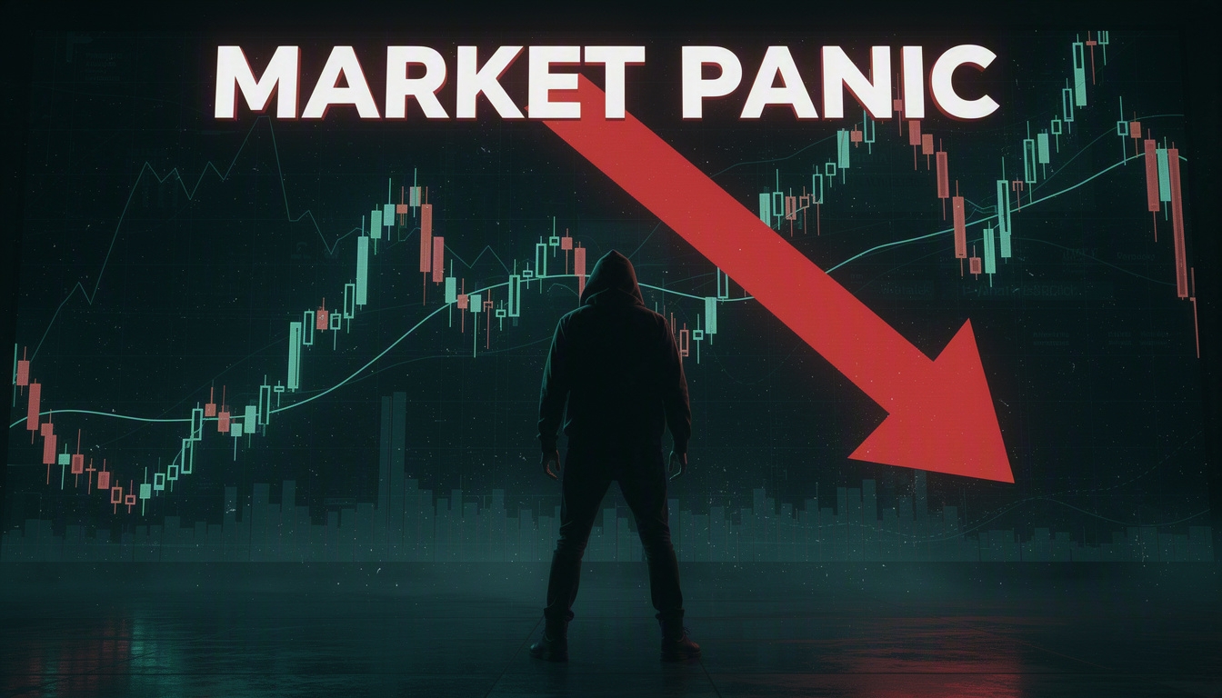 AI-generated faceless-channel thumbnail — hooded figure before crashing stock charts, text 'MARKET PANIC'