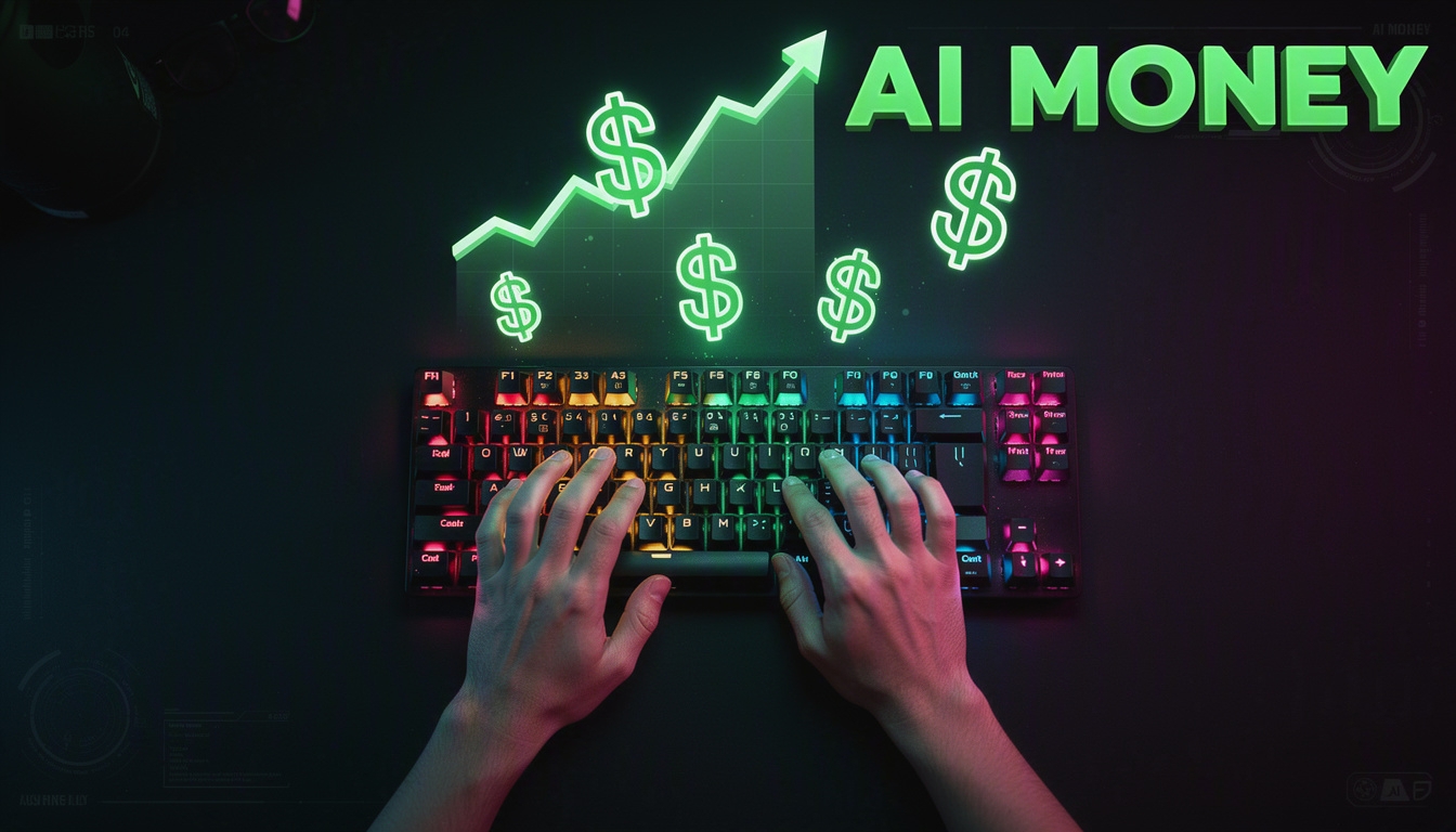 AI-generated faceless-channel thumbnail — hands on a backlit keyboard under holographic charts, text 'AI MONEY'