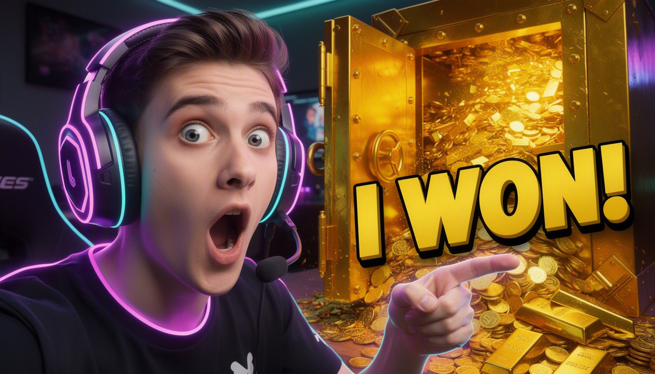 AI-generated gaming thumbnail — shocked streamer pointing at a golden vault, bold text 'I WON!'