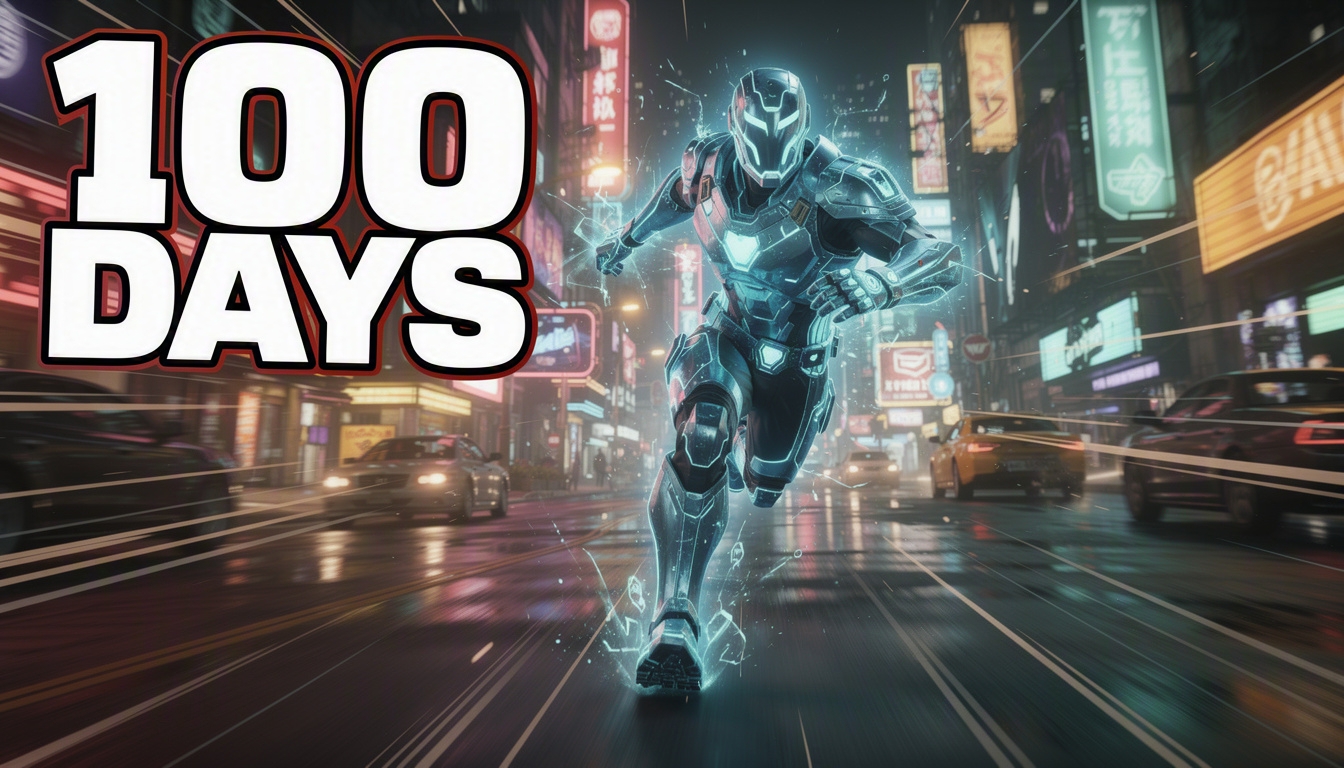AI-generated gaming thumbnail — armored hero racing through a neon city, text '100 DAYS'