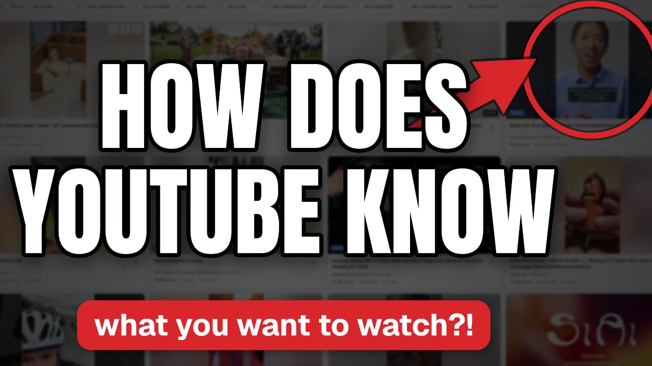 Studio-generated education thumbnail — a dimmed YouTube homepage behind huge condensed text 'HOW DOES YOUTUBE KNOW', a red circle and arrow around one recommended video, a red banner reading 'what you want to watch?!'