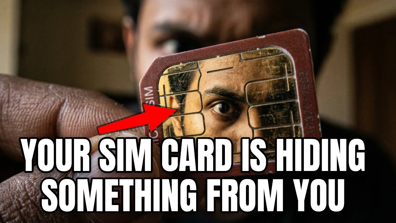 Studio-generated education thumbnail — a hand holding a SIM card reflecting a close-up eye, huge condensed text 'YOUR SIM CARD IS HIDING SOMETHING FROM YOU', a red arrow at the chip