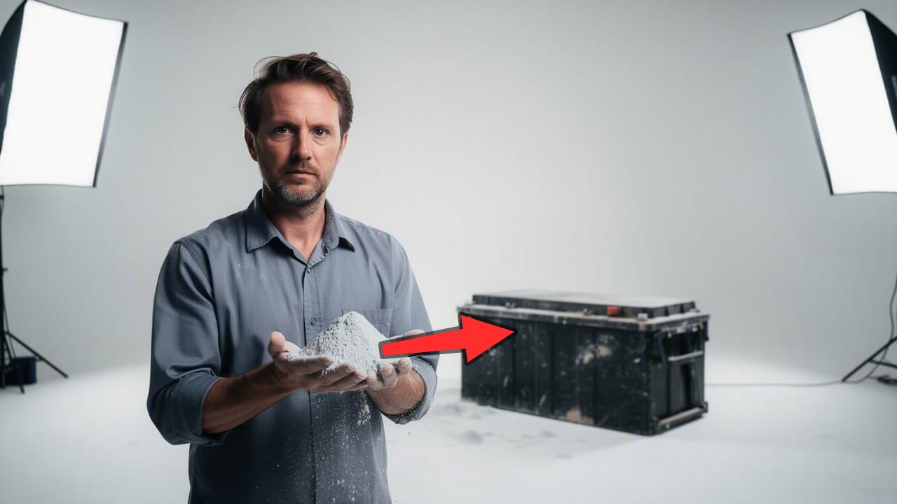 AI-generated education thumbnail — a person cupping a small heap of lithium powder beside a full-size EV battery pack, no text, a red arrow running from the powder to the pack