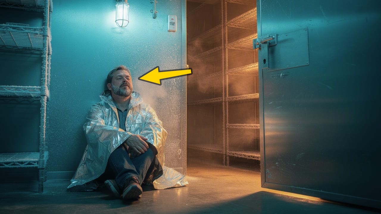 AI-generated entertainment thumbnail — an exhausted man in a foil blanket inside a frozen walk-in freezer, no text, a yellow arrow pointing at him