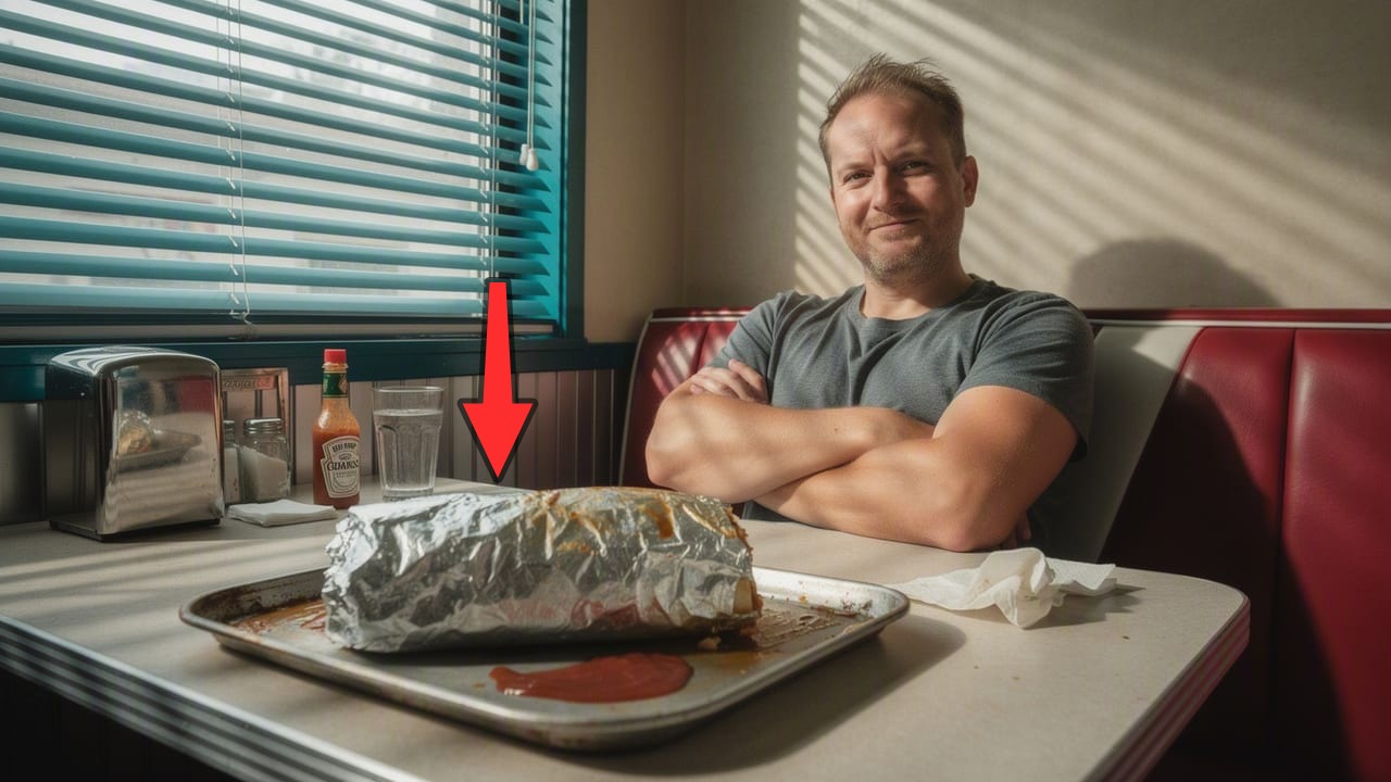 AI-generated entertainment thumbnail — a giant foil burrito in the foreground dwarfing a deadpan man in a diner booth, no text, a red arrow pointing down at the burrito