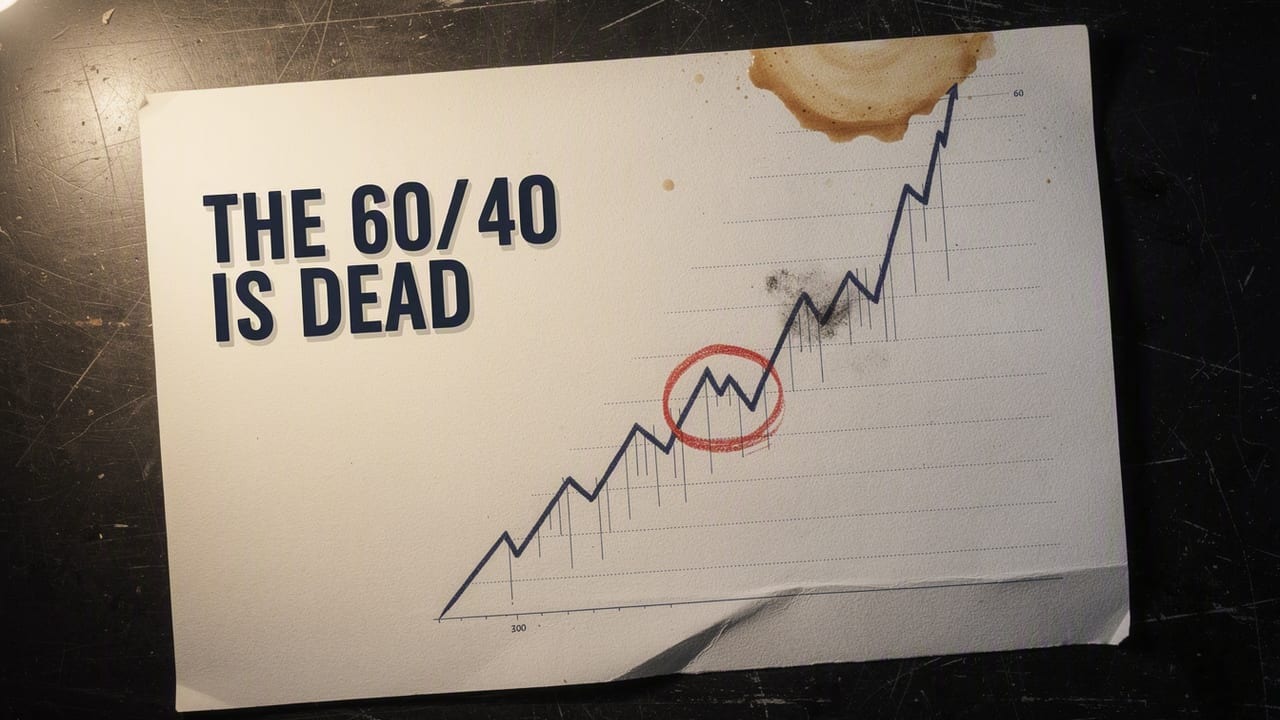 AI-generated faceless-channel thumbnail — a top-down shot of a hand-drawn collapsing chart on paper with a red grease-pencil circle, text 'THE 60/40 IS DEAD'