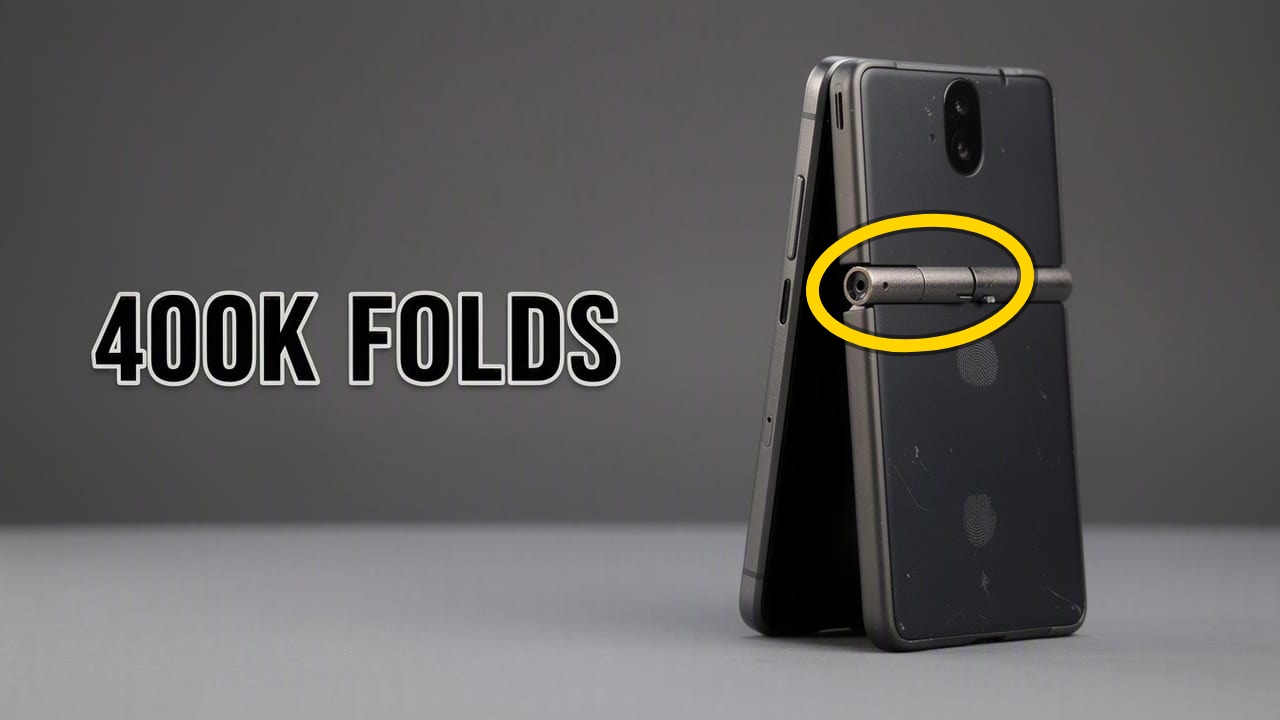 AI-generated faceless-channel thumbnail — a studio product shot of an unbranded foldable phone on a charcoal sweep, text '400K FOLDS', a yellow circle around the hinge