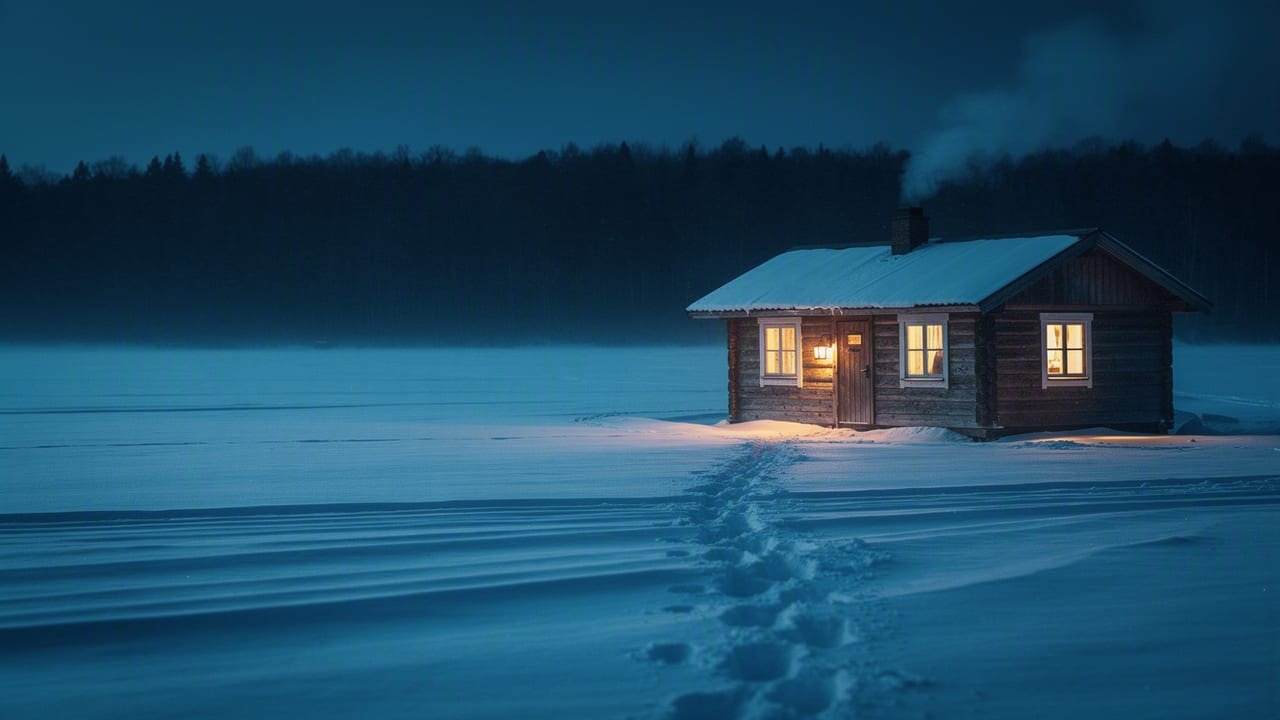 AI-generated gaming thumbnail — a lone lantern-lit cabin on a vast blue-hour snowfield, no text