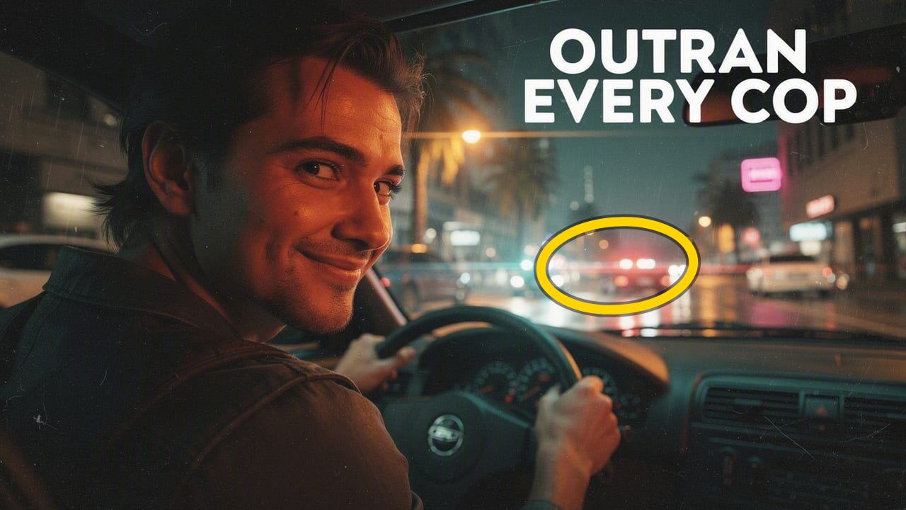 AI-generated gaming thumbnail — over-the-shoulder view from a speeding supercar on a rain-slicked street, text 'OUTRAN EVERY COP', a yellow circle around the police lights behind